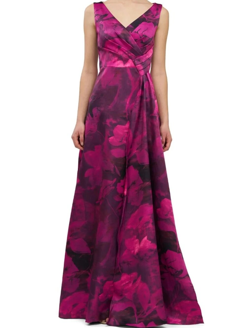 Kay Unger Vivid Berry Multi Floral Pleated Side Sash Satin Gown